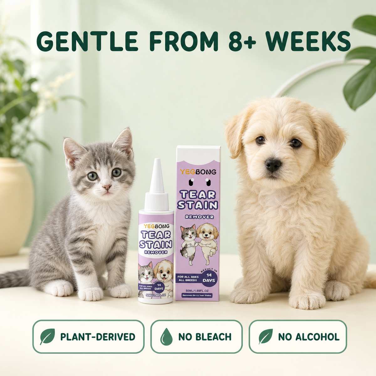 14-Day Gentle Pet Tear Stain Remover – Fast-Acting Eye Care Cleanser & Fur Brightener for Dogs & Cats